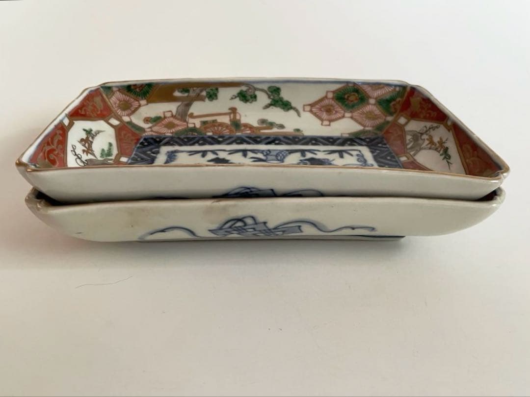 骨董 アンティーク 古伊万里 色絵 鮎皿 長方皿 2枚 爆買い，100%新品 【