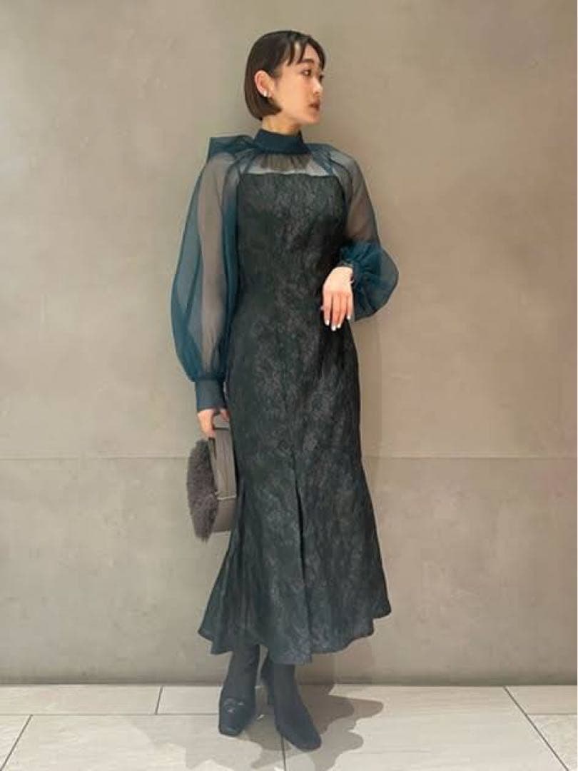 【美品】グロッシーレースジャガードマーメイドドレス ダークグリーン FRAY I.D（フレイアイディー）の「グロッシーレースジャガード