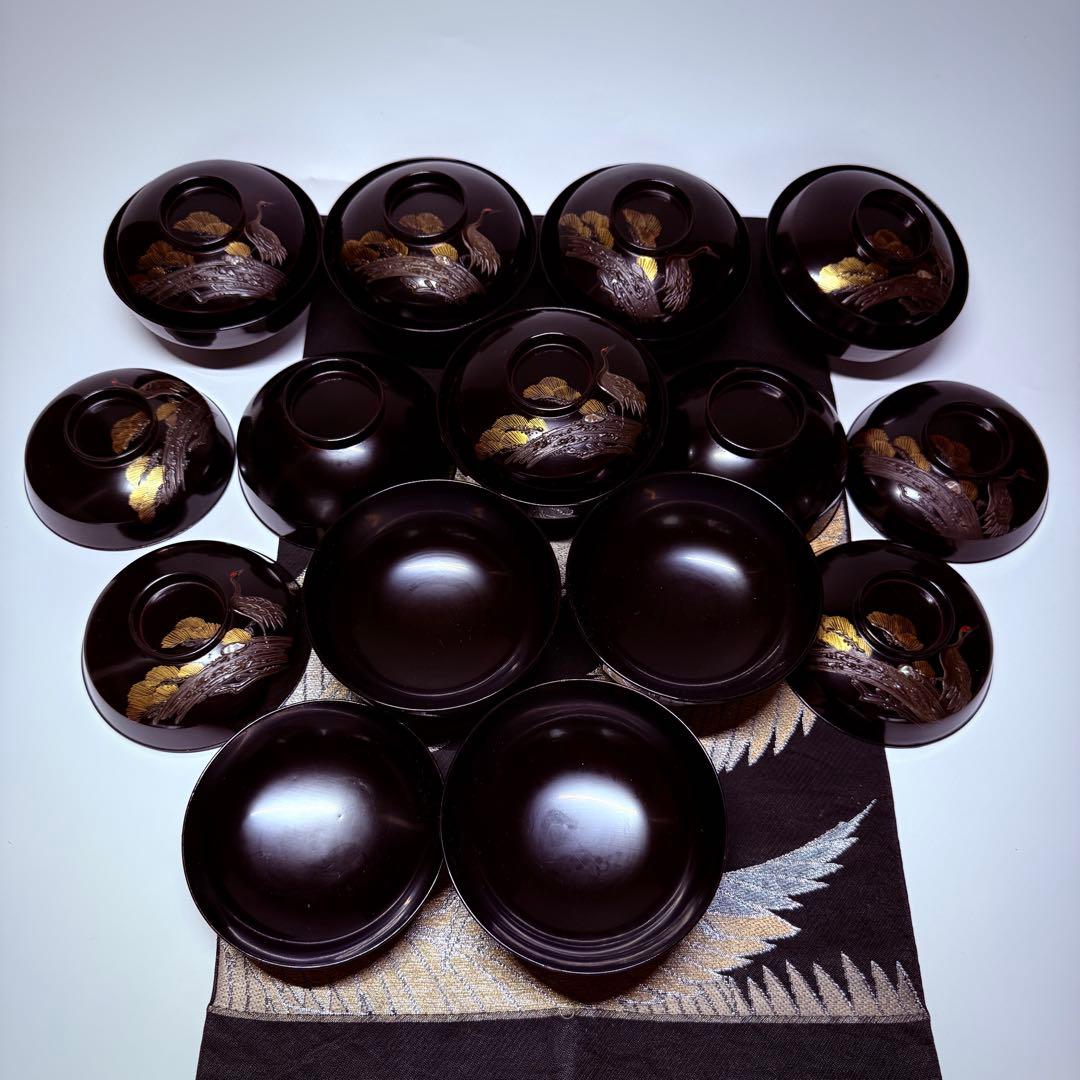 漆器　輪島塗　沈金　螺鈿　松鶴文　木製　蓋付椀　お煮物椀　吸物椀　10客　骨董