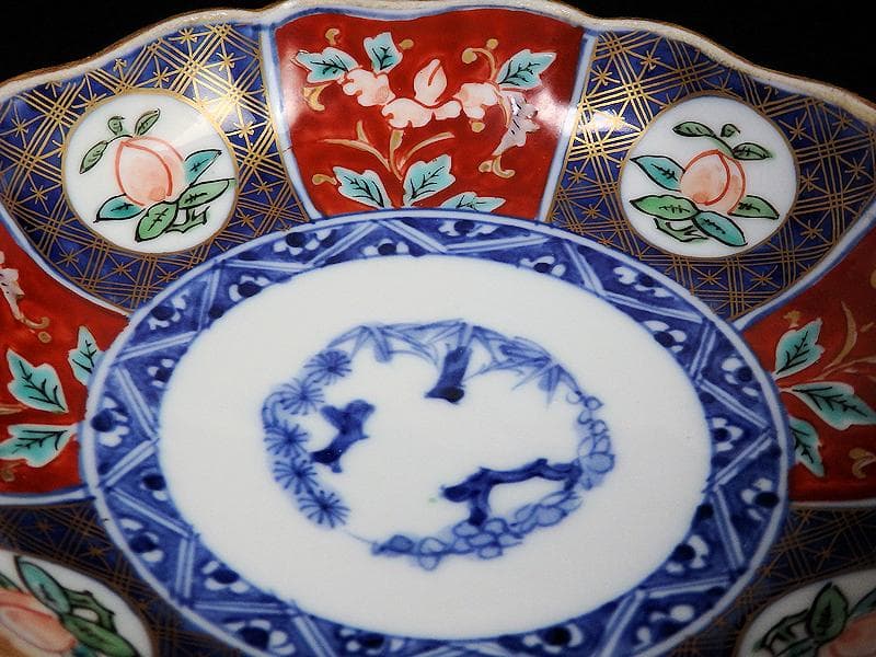 古伊万里　色絵　桃に花の図　膾皿　５客　N1556AS-CAw