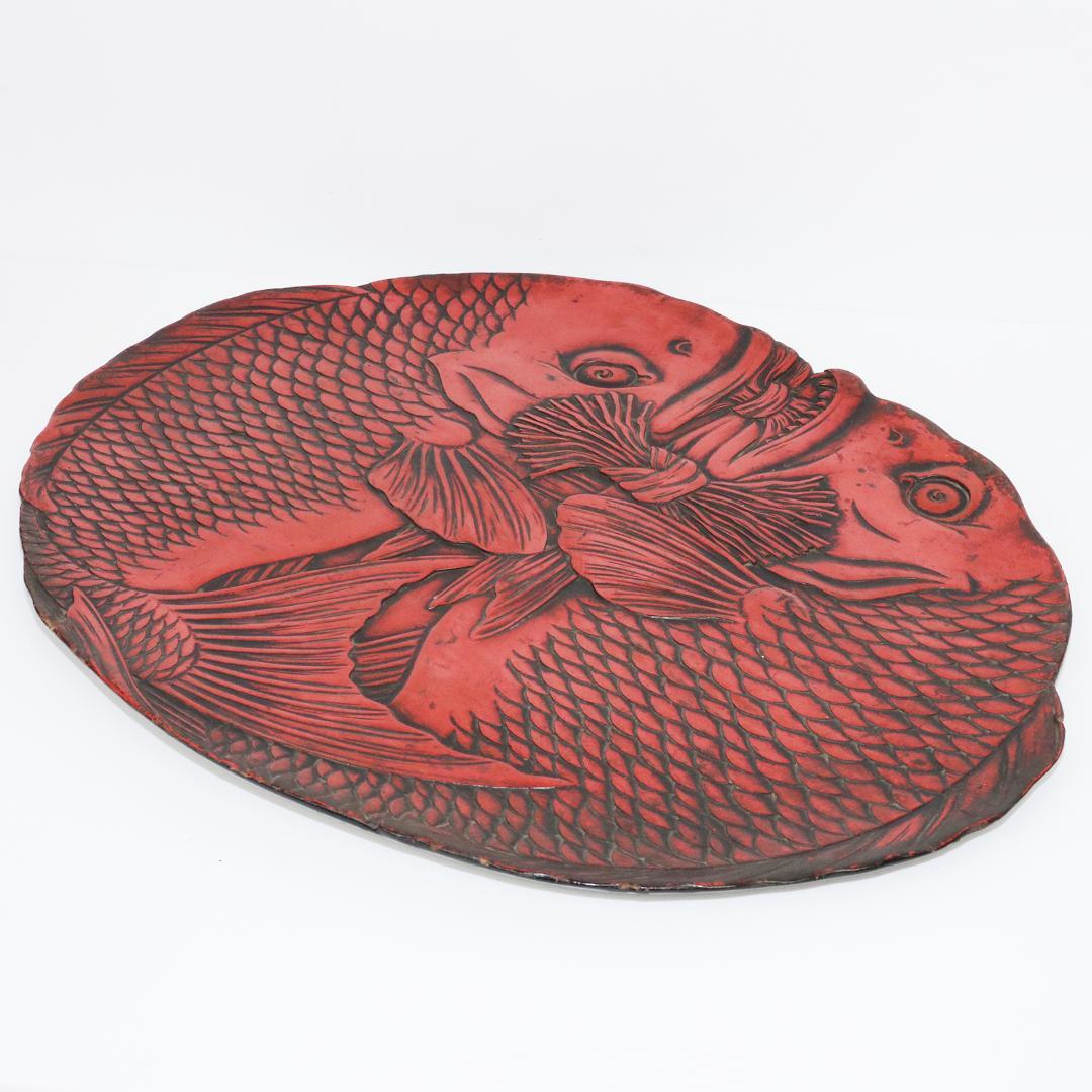 双鯛盆 漆器 木地 楕円盆 茶道具 鯉 箱付