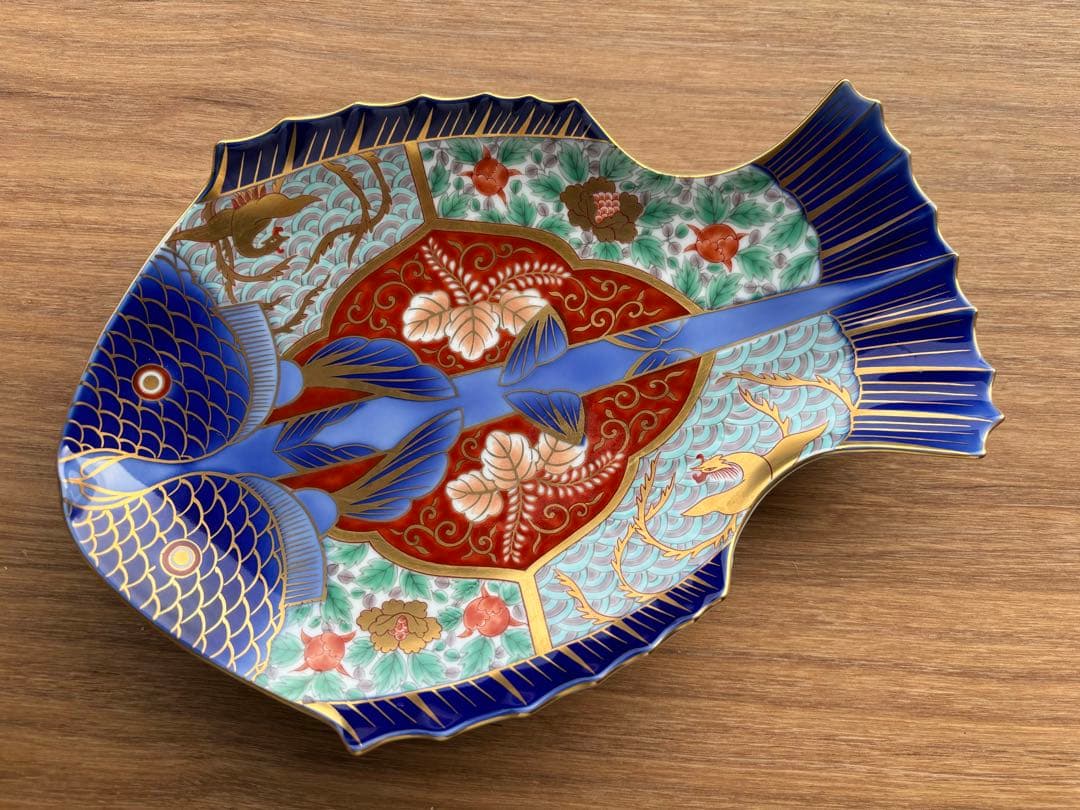 深川製磁 古伊万里鳳凰割地紋 魚型皿 ☆ 美品 未使用