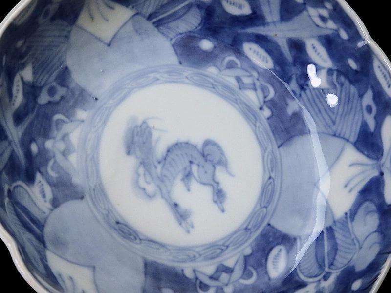 古伊万里　染付　巾着に宝尽くし　麒麟の図　膾皿　５客　129AS-CVv