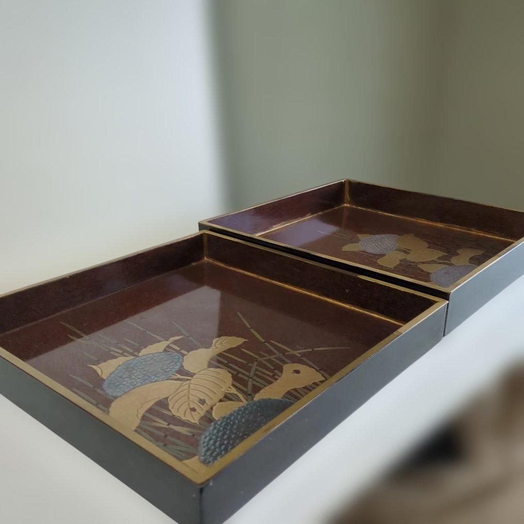 骨董　硯箱　蒔絵　紫陽花　大小　2枚組　木箱　木製　漆器