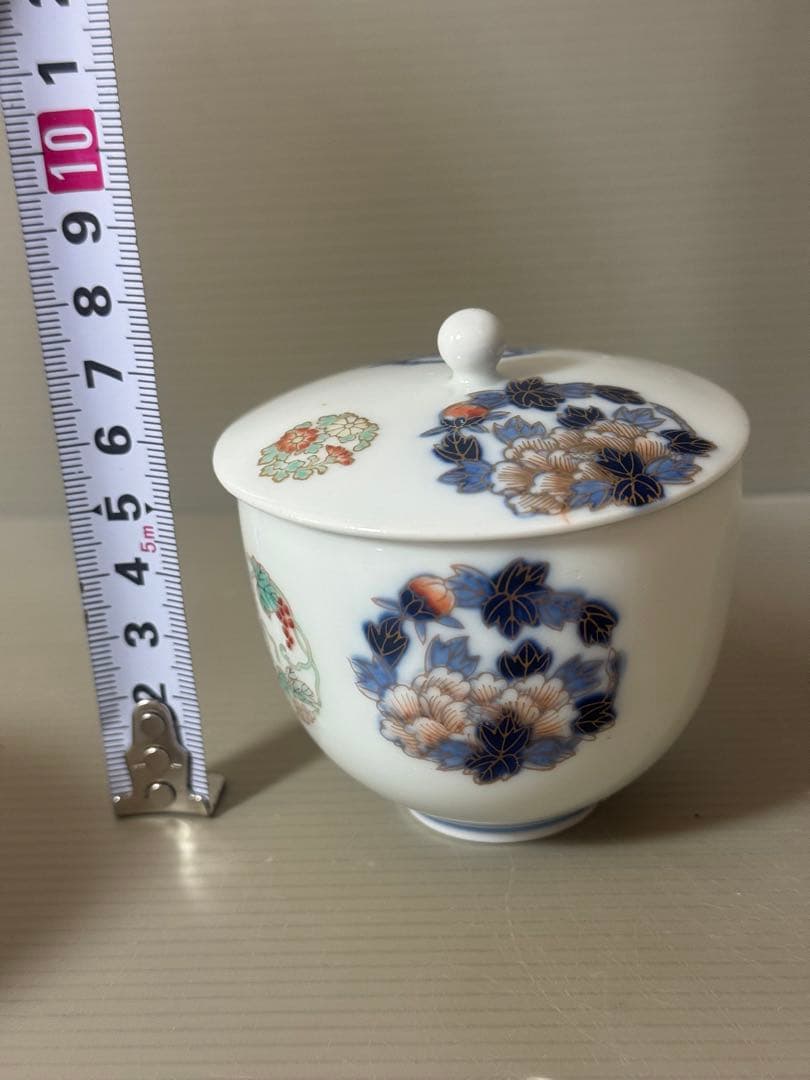 2394 深川製磁 染錦花丸文 湯呑蓋付 2客 時代物