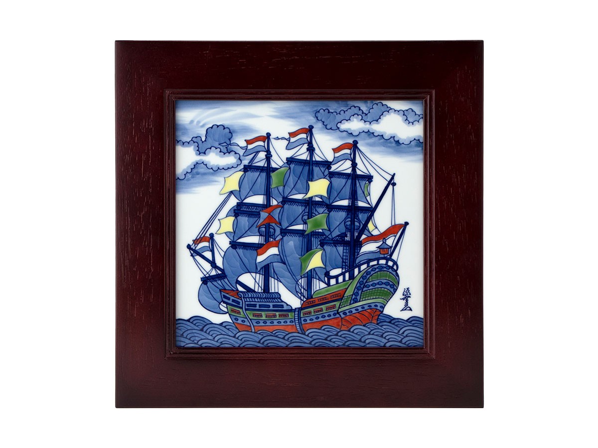 1914 源右衛門 染付 陶板画 額装 蒸気機関車図 額縁 置物 工芸品 1914