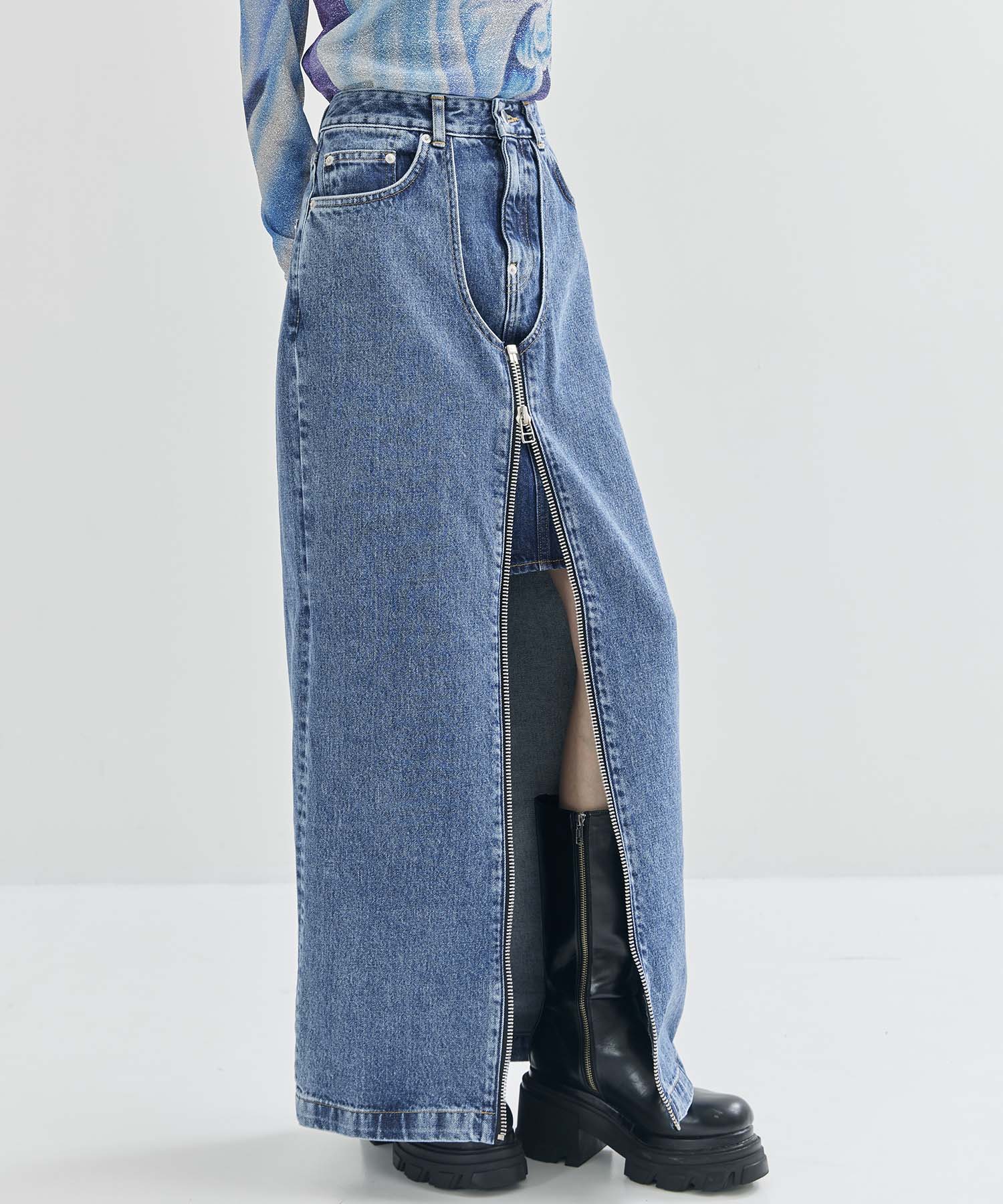WASHED DENIM ZIPPED LONG SKIRT(M BLUE): JOHN LAWRENCE SULLIVAN