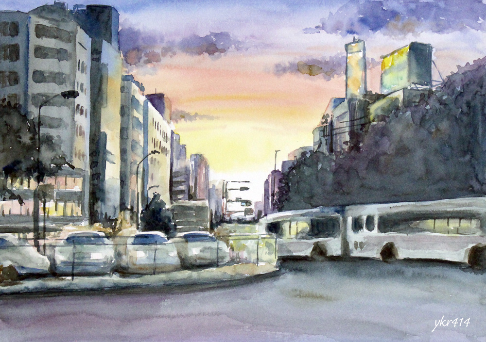 水彩画原画花咲く横浜赤煉瓦の道 スケッチ透明水彩画原画花咲く横浜