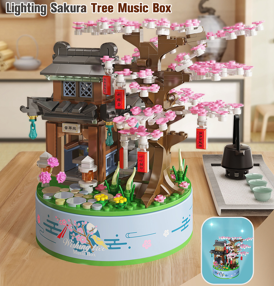 BZDA Japanese Sakura Tree House With Lighting Rotating Music Box