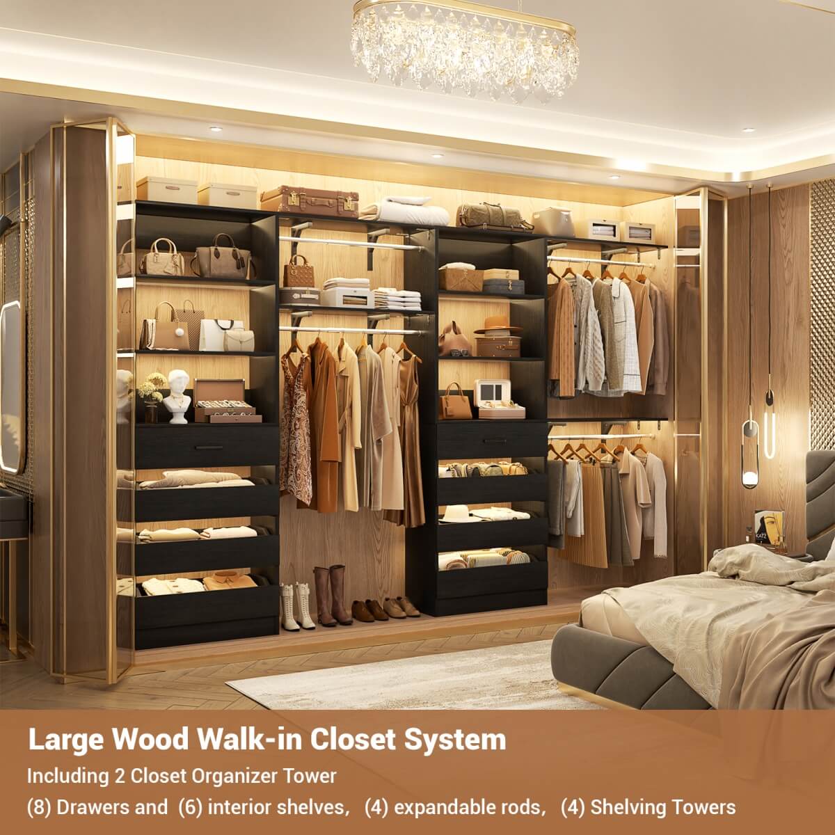 Aheaplus 80 - 117 Inch Closet System with Wooden Drawers, Hanging