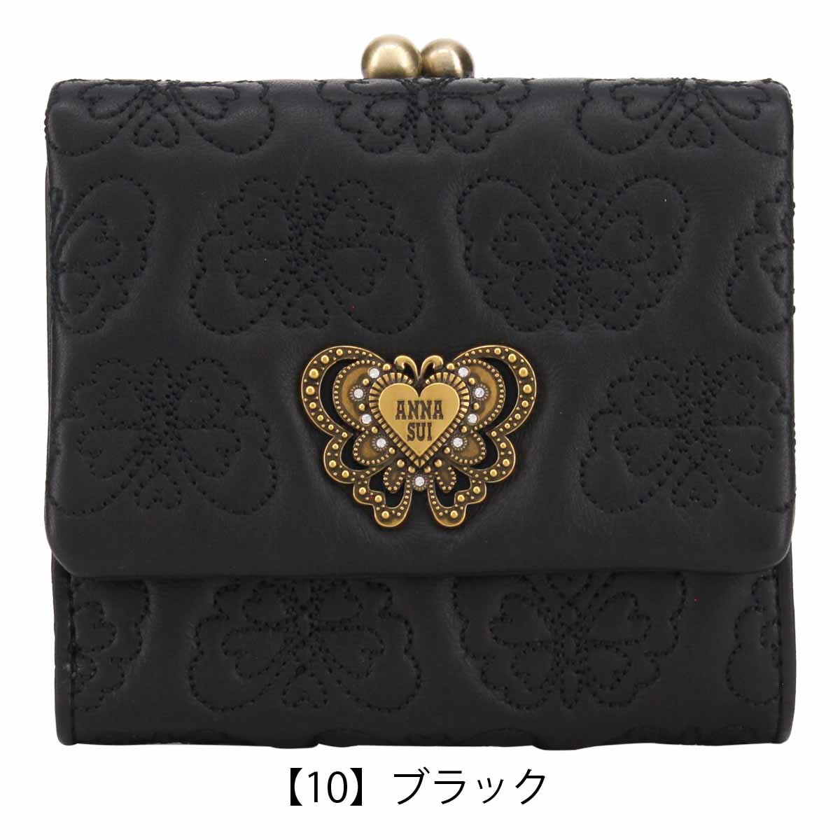 ANNA SUI(アナスイ) 2つ折り財布美品 - 黒 ネコ/スター(星)/がま口 レザー