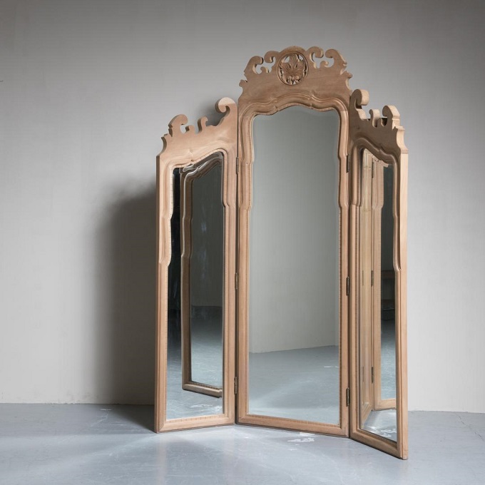 ミラー(無塗装) アンティーク調 おしゃれ 木製 シャビー 三面鏡 ライト