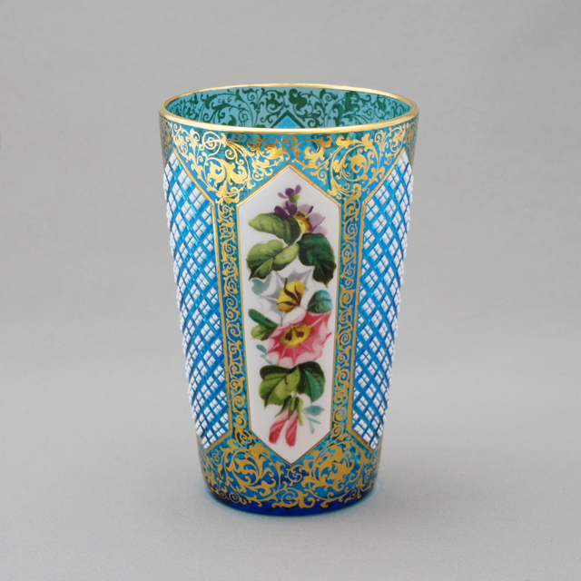 モーゼル「ブルーガラス エナメル金彩装飾 ゴブレット 高さ10cm（約