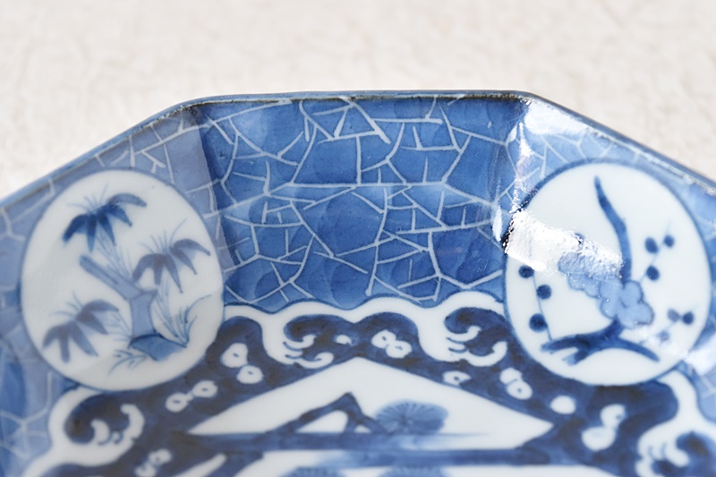 古伊万里 染付け 松竹梅 氷裂文 墨弾き 八角膾皿 - 生活骨董と古布の