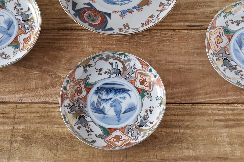 古伊万里色絵金襴手松竹梅鶴輪花七寸皿5枚21.5㎝窓絵帆舟