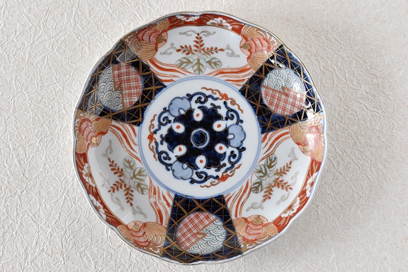 骨董 古伊万里 七寸皿 色絵 輪花 アンティーク 中皿 陶器 4枚 皿