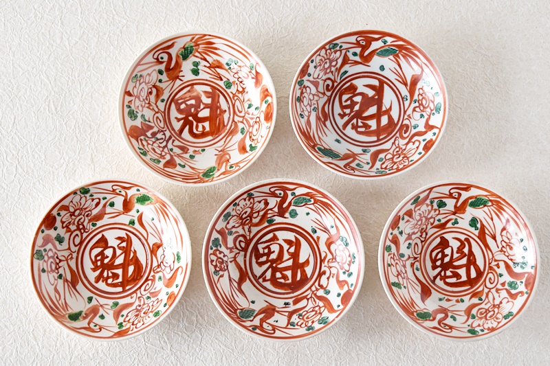 九谷 角福 赤絵 桃紋 豆皿 小皿 10枚 MO70718 九谷 角福 赤絵 桃紋