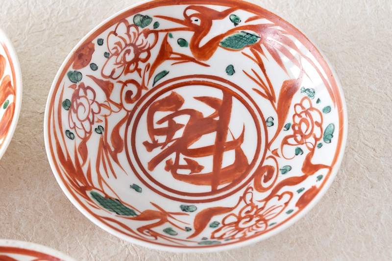 九谷 呉須赤絵花鳥魁字 角福文 5.5寸皿 5枚セット その二 - 生活骨董と