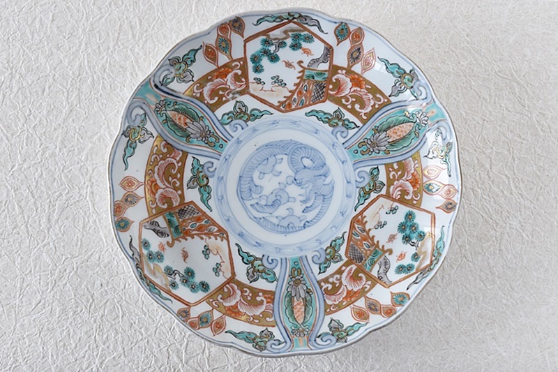 骨董 アンティーク 古伊万里 瑠璃 輪花皿 七寸皿 瑠璃釉 輪花縁 骨董