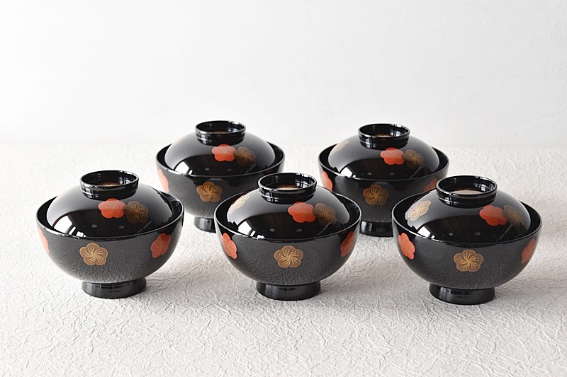 A762 【流】茶懐石道具 黒塗蒔絵吸物椀五客 CR364 木製輪島塗懐石