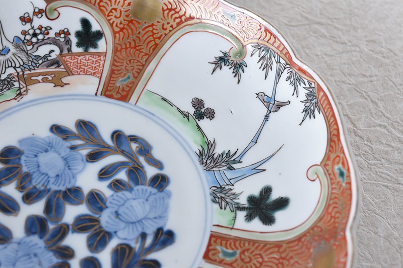 皿□赤絵松竹梅花弁型花唐草紋中皿 花鳥紋(江戸期)古美術 時代物 古い