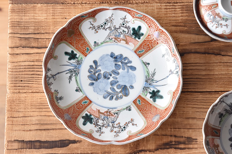 小皿□古い伊万里赤絵 鶴 松竹梅 窓花唐草紋 6枚 骨董品(江戸後期