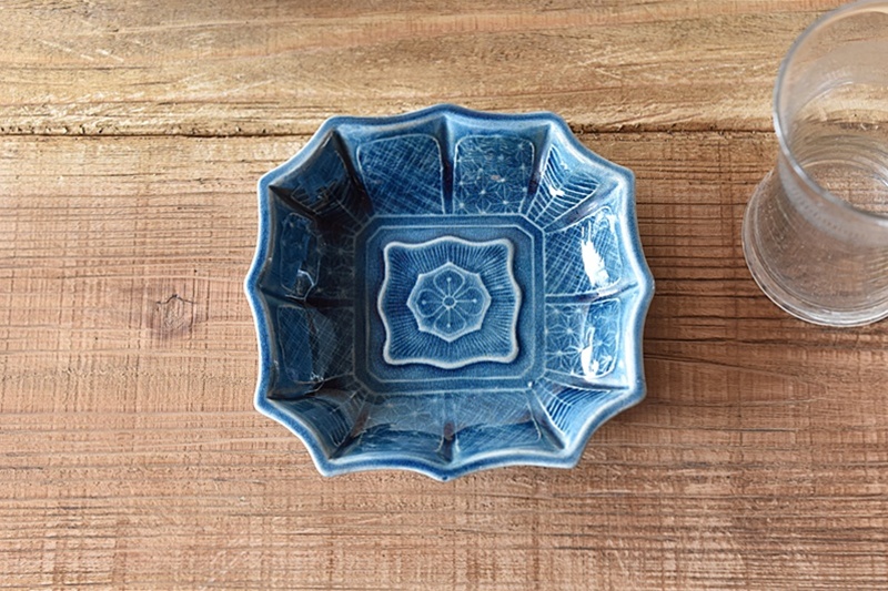 値下げ 珉平焼 コバルト秞 菱形皿 花弁模様 無傷 値下げ 珉平焼