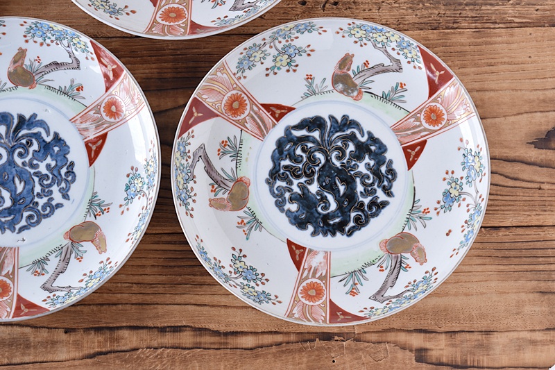 伊万里 色絵 蕨に籠図 七寸皿 5客 AS5284