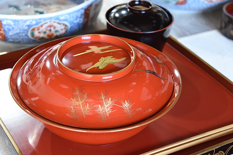 AKa6485 時代 蒔絵椀 10客 木皿 20枚 セット 時代蒔絵 鶴松金蒔絵 赤