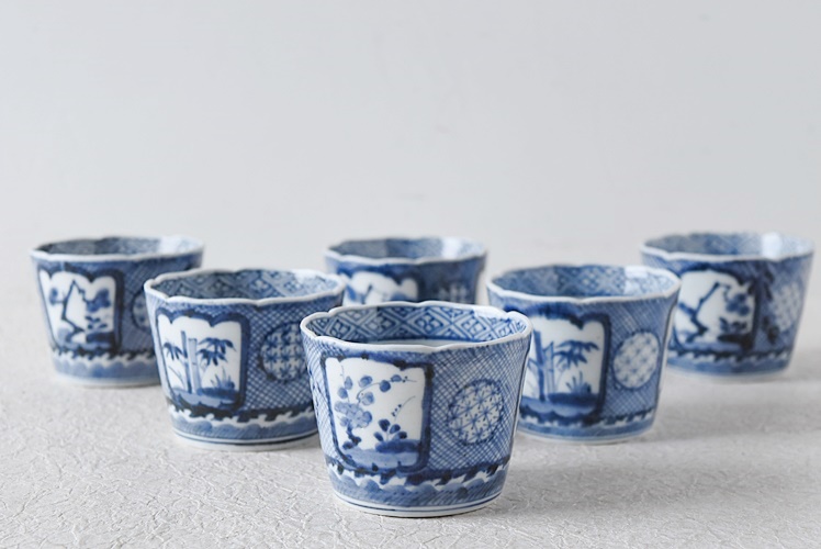 骨董 アンティーク 古伊万里 染付 雨降文様 蕎麦猪口 フリーカップ 酒