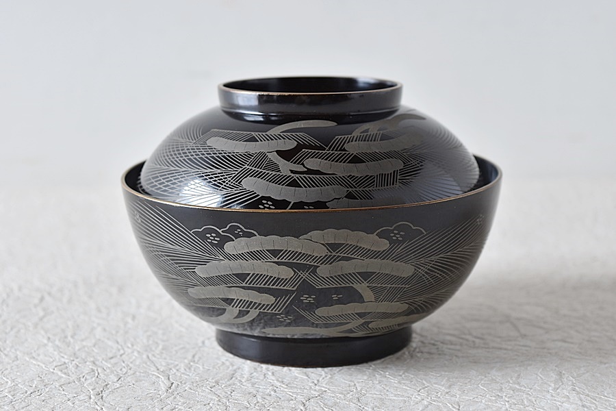 漆芸 木製漆器 捻り梅 金蒔絵 黒塗 御椀 二客 茶懐石道具【MA774】 漆