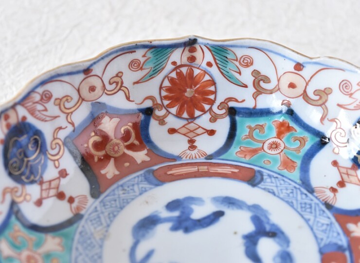 伊万里 色絵 赤玉瓔珞文 輪花型膾皿 稜花形 - 生活骨董と古布の