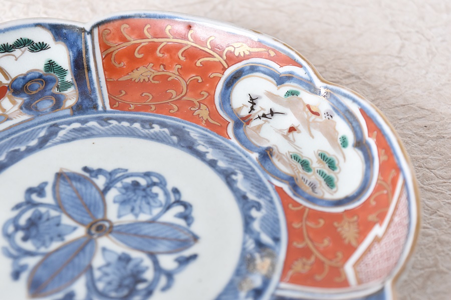 古伊万里 金彩 赤絵 扇面型皿 菊花流水 江戸中期 変形皿 骨董