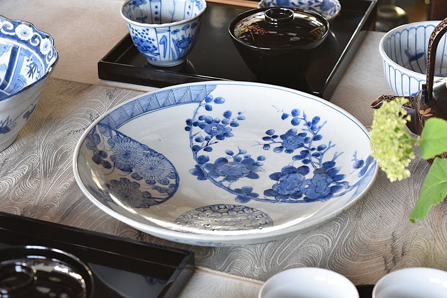 長皿 変形皿 歪み 染付 菊花型 5枚 松 古伊万里 長皿