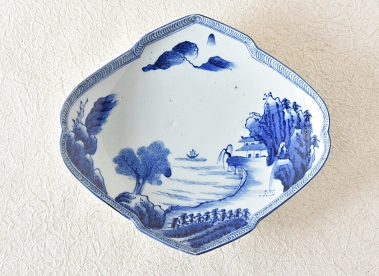 古伊万里 染付大皿34×27.8cm幕末骨董 手描き山水風景文 銘:玩 古美術