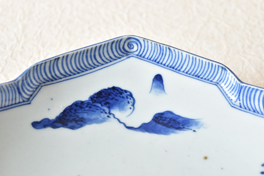 古伊万里 染付 富士山 変形小皿 型紙摺 江戸時代 骨董 アンティーク 古