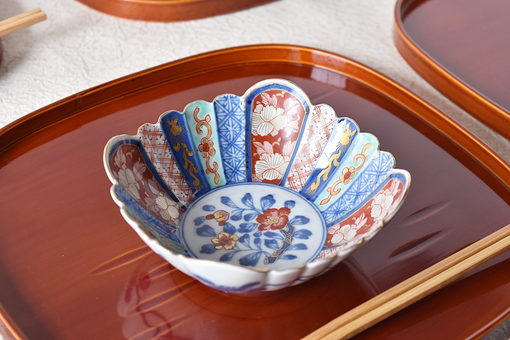 大聖寺伊万里 団龍紋に金唐草 中陰菱に花菱紋の図 膾皿 2客F334AS-CYa