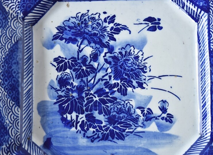 e895 着払い 古伊万里 大皿 径46cm 染付 ベロ藍 皿 e895 着払い 古