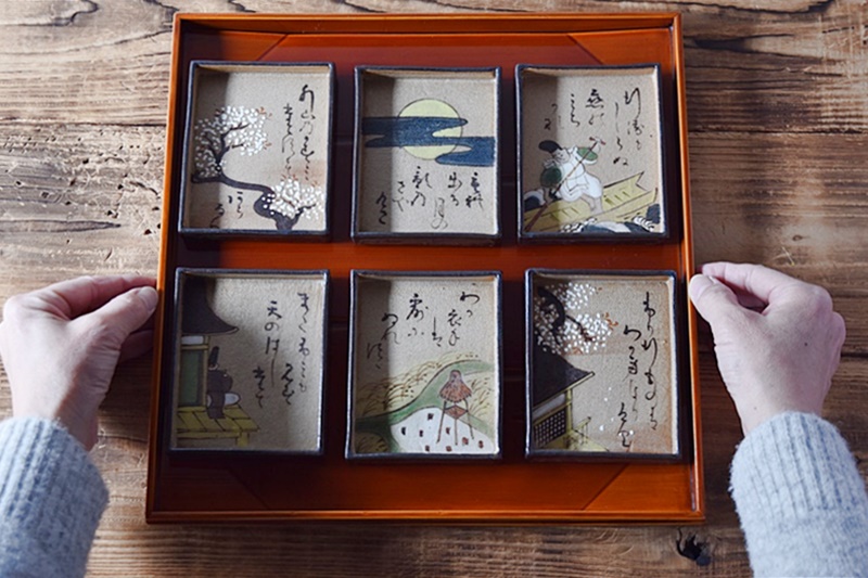 秋艸庵 乾山写 光琳かるた皿 6客セット - 生活骨董と古布の