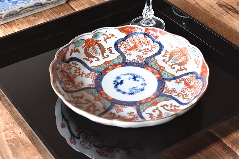 骨董 古伊万里 七寸皿 色絵 輪花 アンティーク 中皿 陶器 4枚 皿 骨董