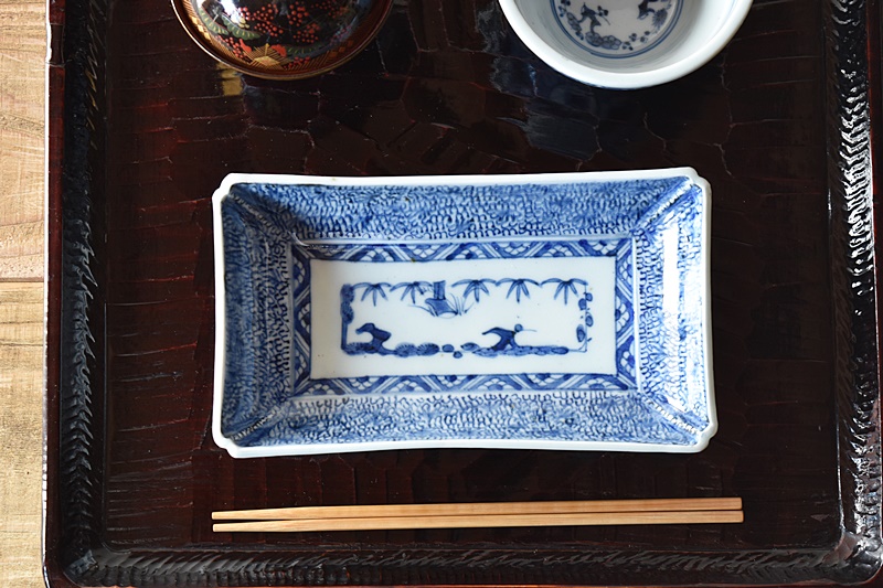 古伊万里 微塵唐草文 長皿 大明成化年製 古伊万里 微塵唐草