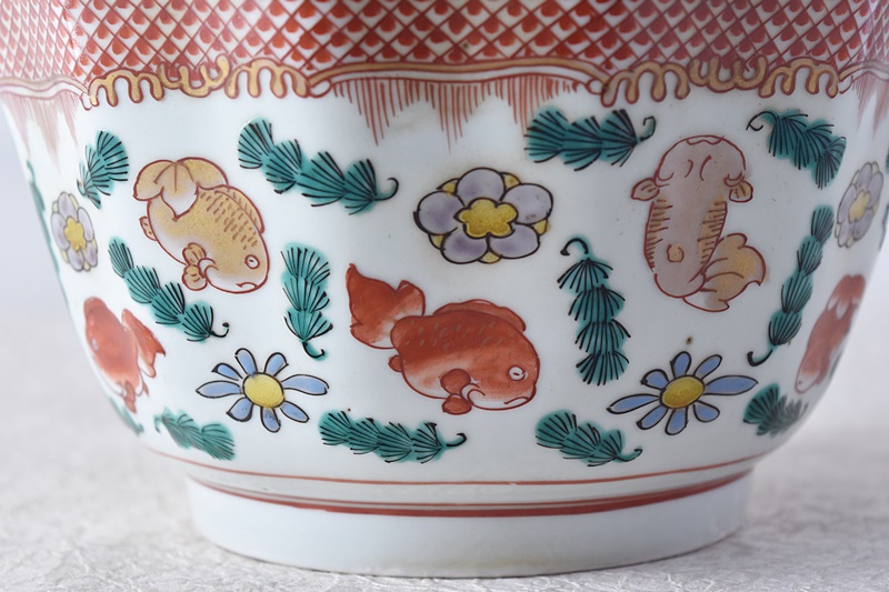 古伊万里焼 色絵 金彩 鉢 盛鉢 十角 古伊万里 色絵 金魚 水草と花
