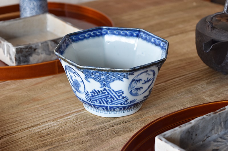 古伊万里 染付 丸文松竹梅 角福 八角鉢 - 生活骨董と古布の