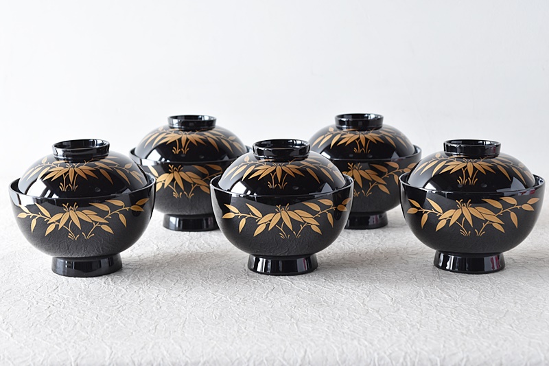 nori、時代漆器 輪島塗 草花金蒔絵 吸物椀 五客 木製 BJ128 輪島塗椀