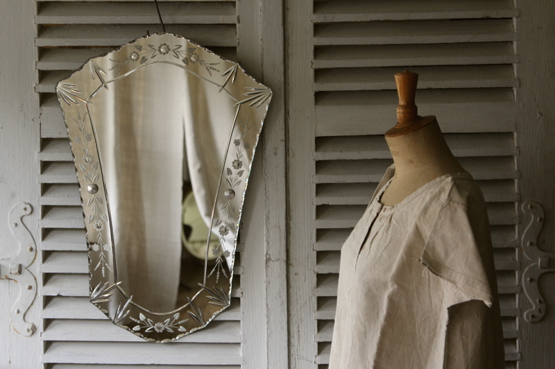 アンティークミラー フランス ベネチアンミラー エングレーヴィング 花