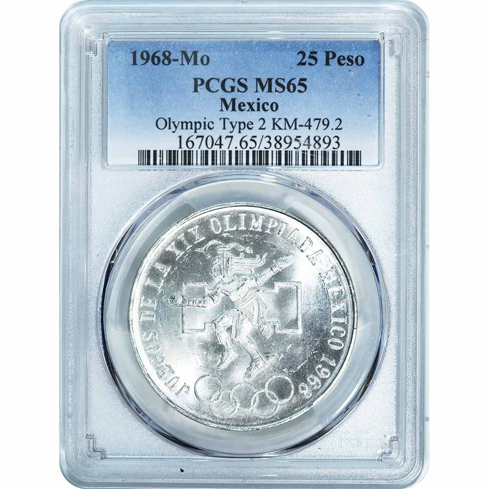 Mexico 25 Pesos Silver 1968 Olympics Type 2 MS65 PCGS - Golden