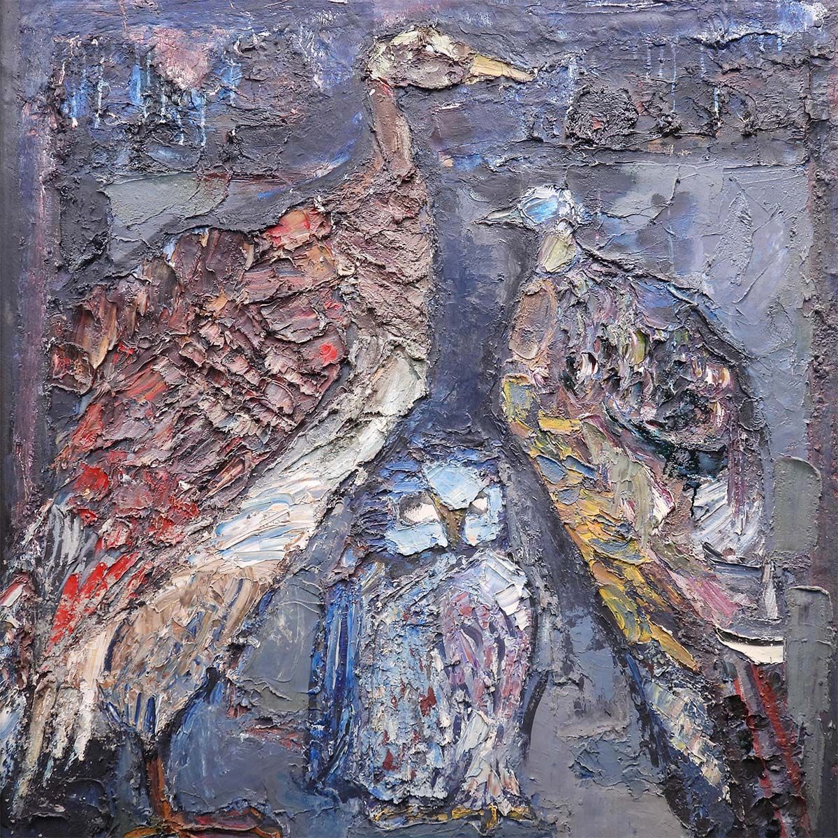 福島瑞穂 卸売 机上三羽 油彩60号 動物画 鳥 ふくろう 孔雀 美術館所蔵