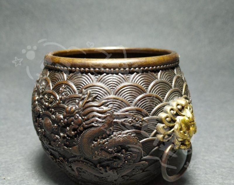 新年ギフト銅 細工 双龍戯珠銅壺 双獣頭香炉 筆洗 工芸品 節約 置物