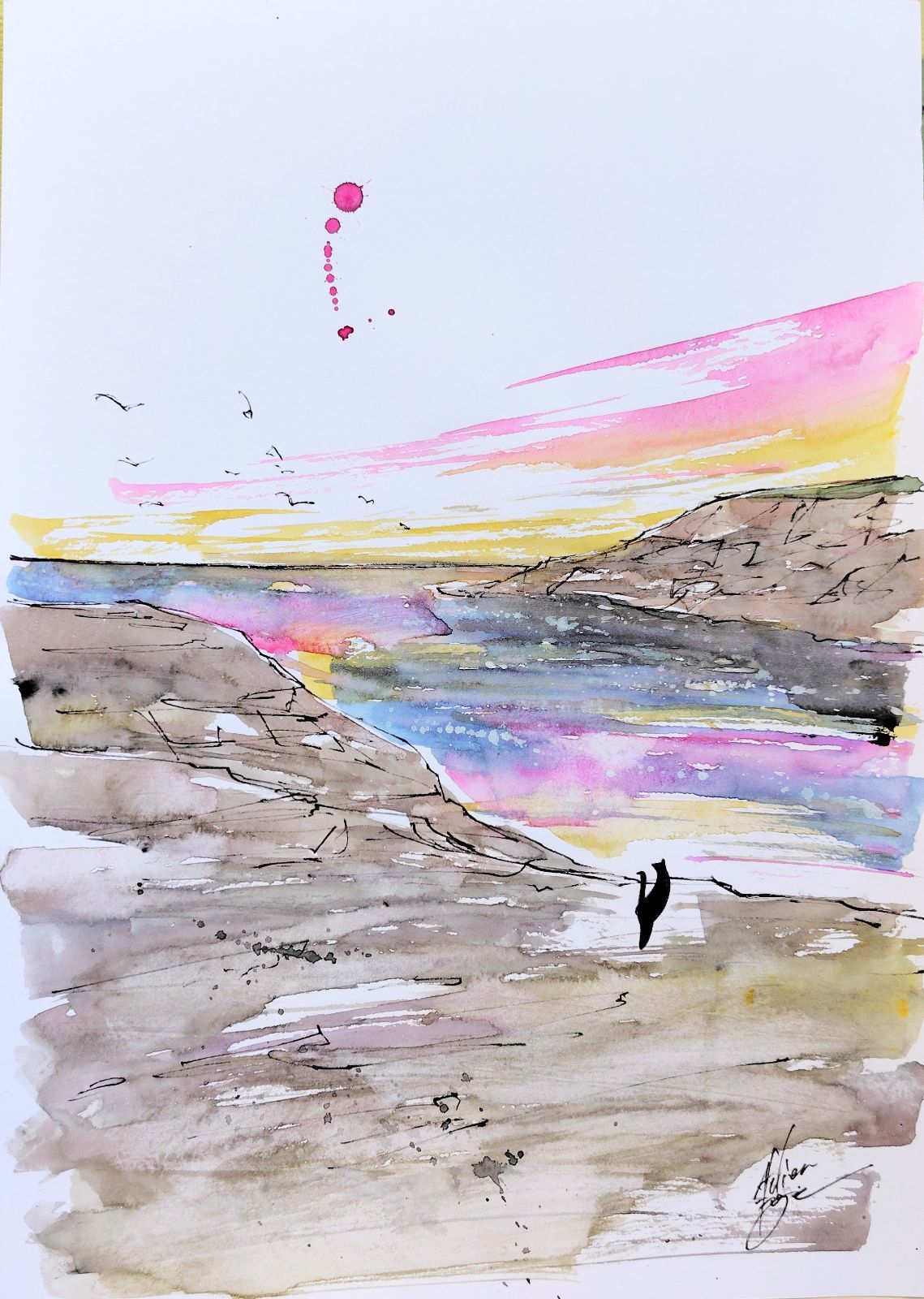 原画#3784 黒猫 マルタ共和国 地中海 水彩画 ドローイング インテリア