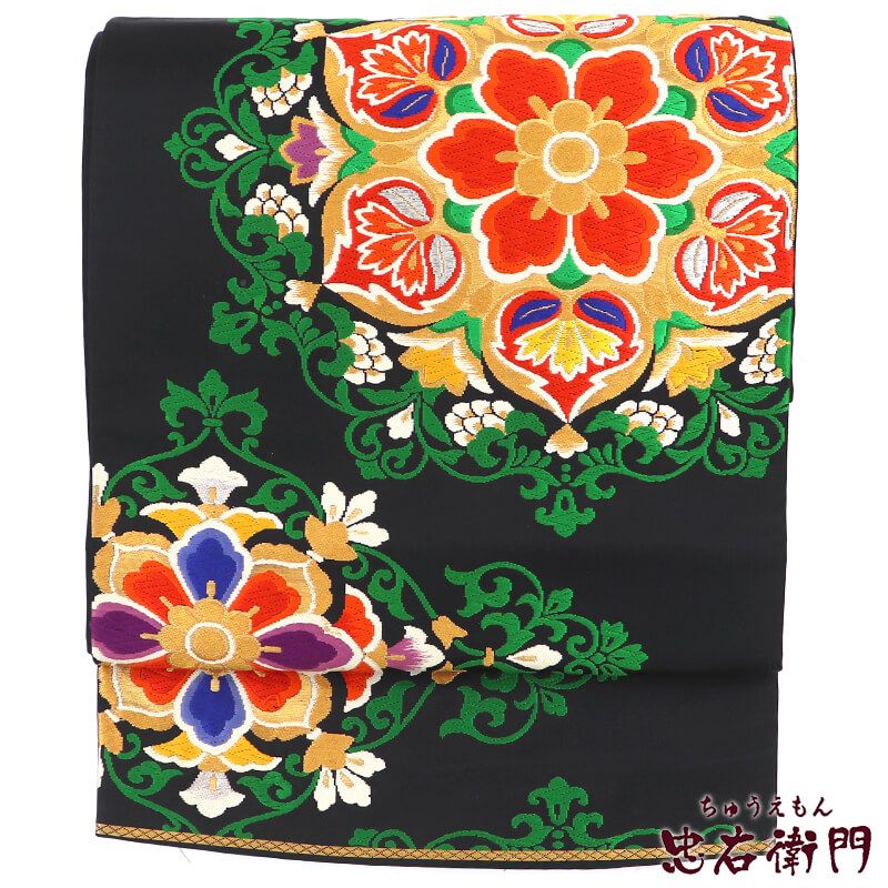 袋帯 フォーマル ふくろ帯 正絹 六通柄 黒 華文 豪華 長さ409cm 幅31cm